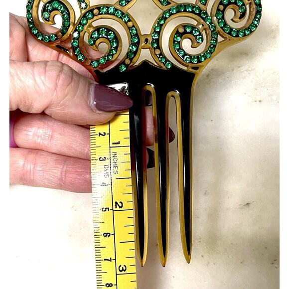 Antique Ornate Celluloid Hair Comb Green Rhinestones Art Nouveau - Picture 16 of 16